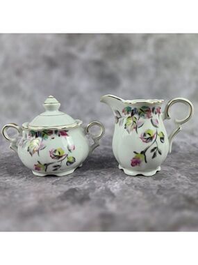 Vintage Porcelain Floral Sugar Bowl And Creamer White Gold Accents Made in Japan